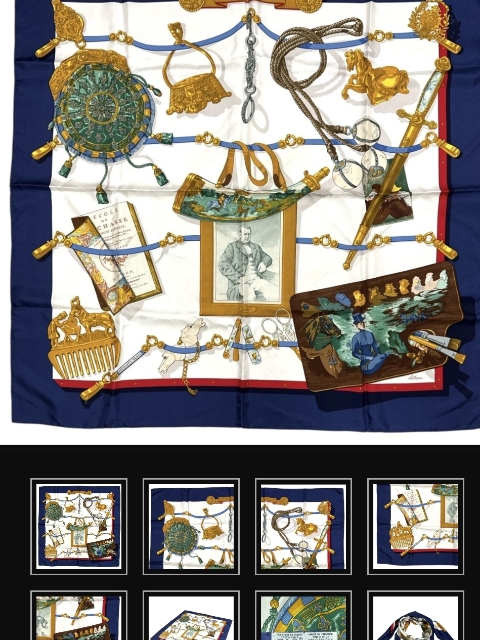 Hermes Navy Blue White Gold Equestrian Print Silk Scarf